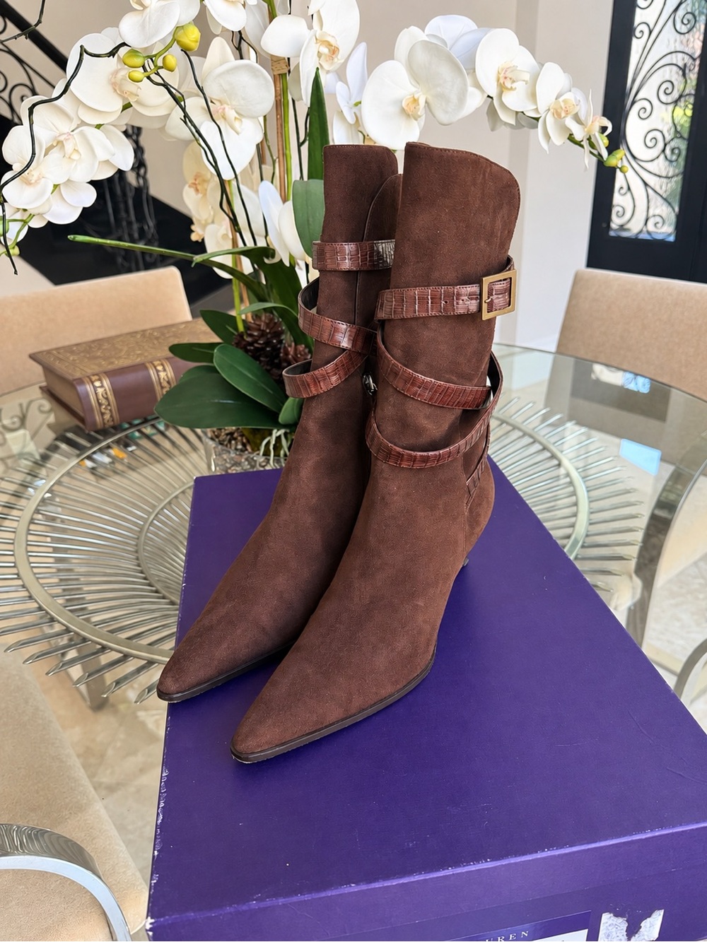 Ralph Lauren Purple Label Brown Suede Boots with Croc-Textured Strap Size 6.5